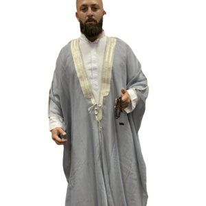 Men’s Arabian Bisht Grey Cloak Arab Dress Thobe Islam Robe Eid